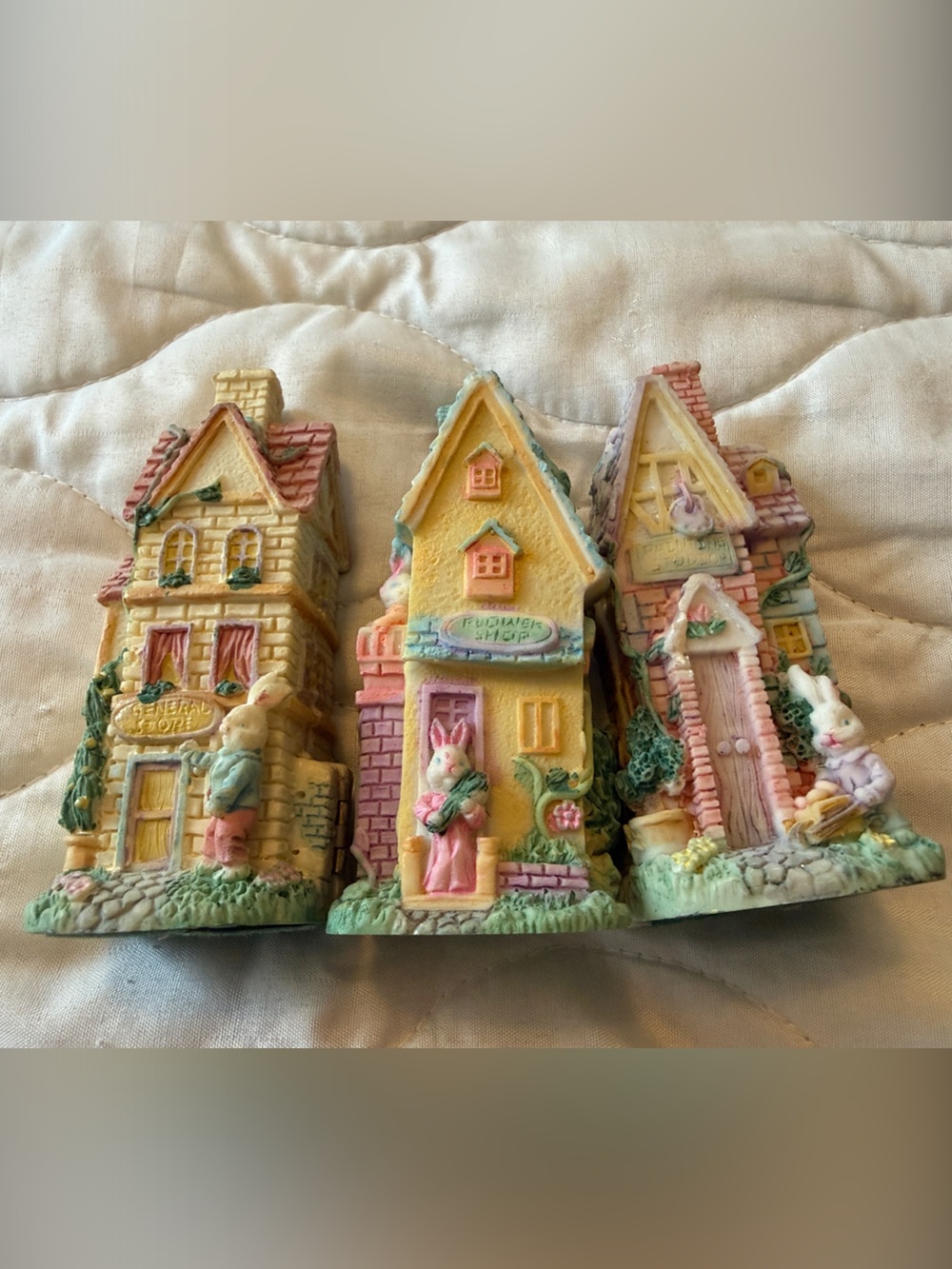 Vintage Bunny Village Hinged Resin Houses Set of 3 - Bunny Town Buildings